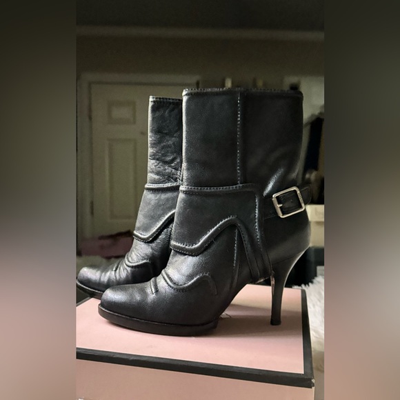 VTG Juicy Couture Mid Calf Leather Harness Boots GALLEY BLACK GLAZED GRAINY GOAT - Picture 2 of 13